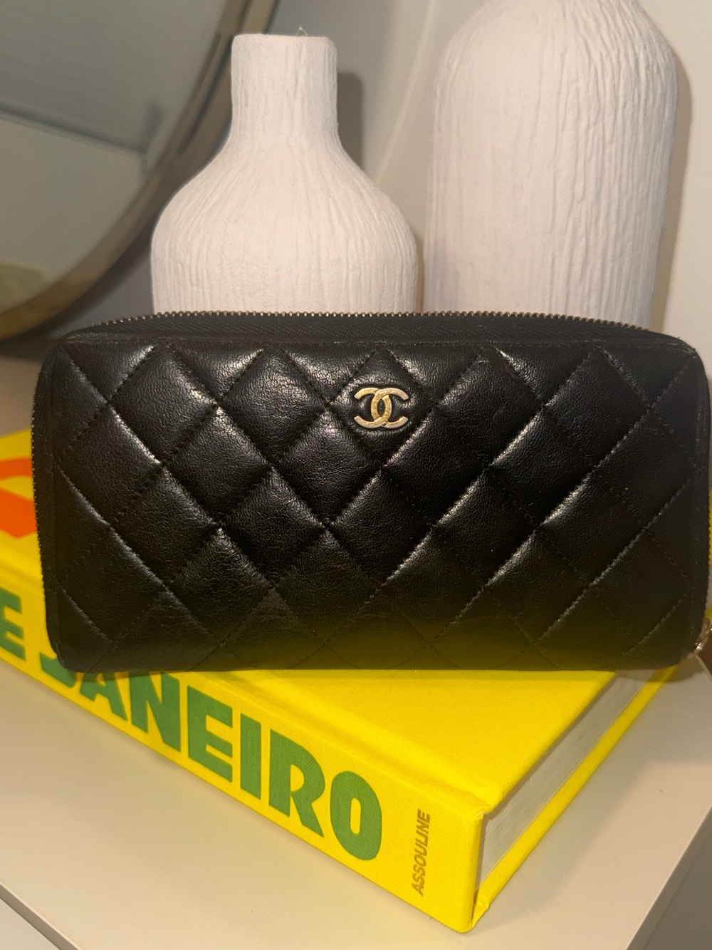 CHANEL Black Quilted Leather Zip Wallet with Gold CC Logo